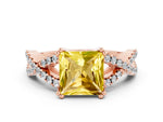 Princess Cut Yellow Sapphire Solitaire Ring in Rose gold with Interwoven Pavé Band and Prong Setting