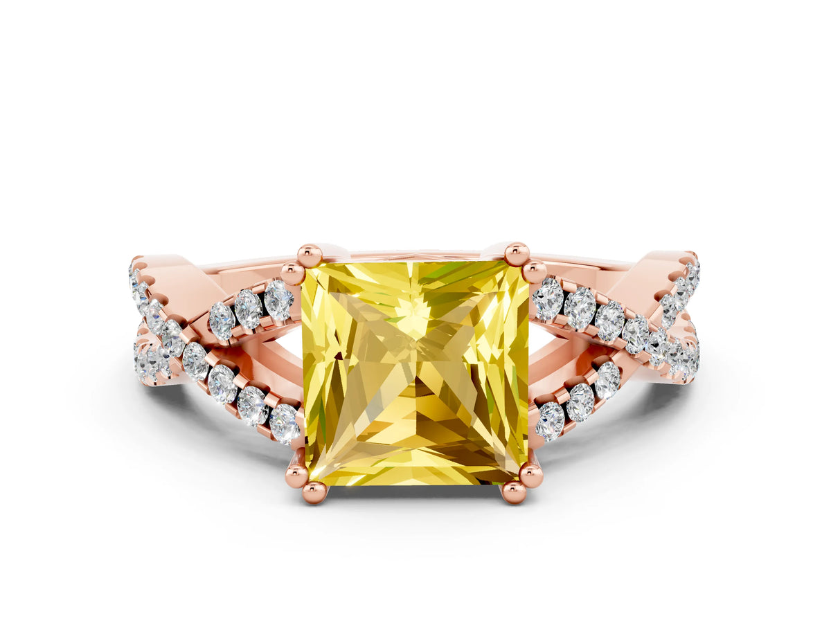 Princess Cut Yellow Sapphire Solitaire Ring in Rose gold with Interwoven Pavé Band and Prong Setting