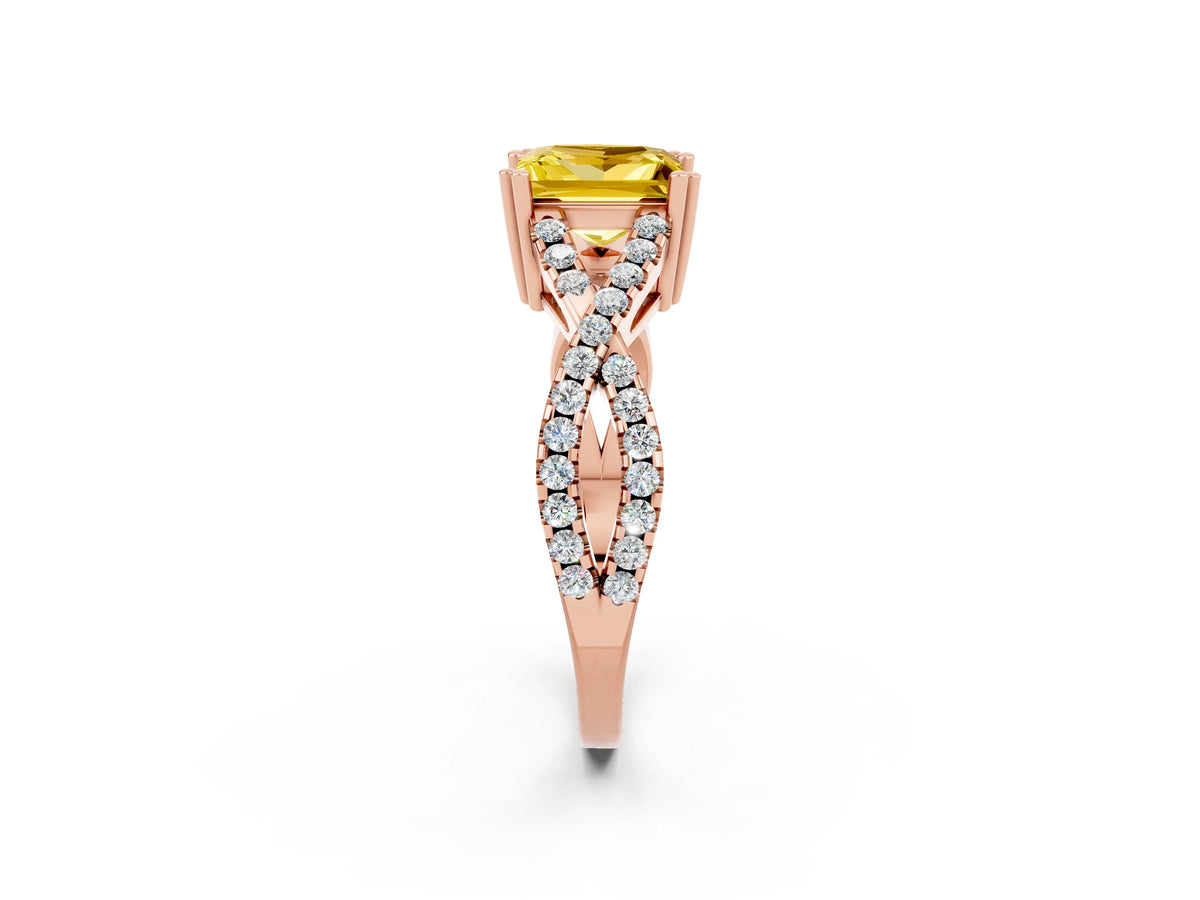 Princess Cut Yellow Sapphire Solitaire Ring in Rose gold with Interwoven Pavé Band and Prong Setting_2