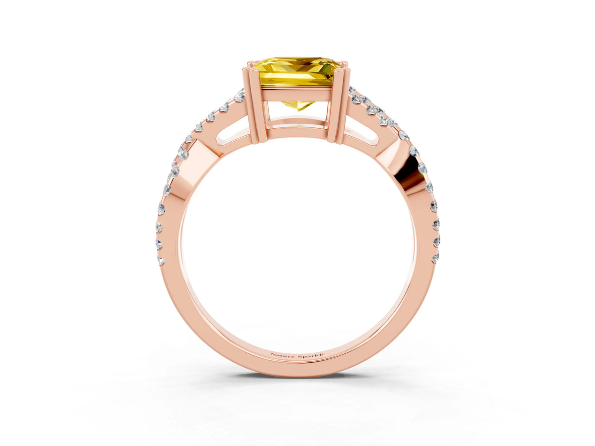 Princess Cut Yellow Sapphire Solitaire Ring in Rose gold with Interwoven Pavé Band and Prong Setting_3