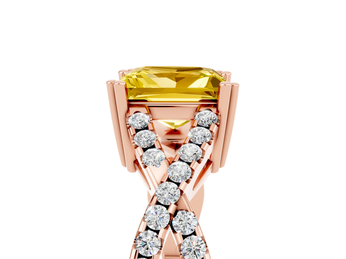 Princess Cut Yellow Sapphire Solitaire Ring in Rose gold with Interwoven Pavé Band and Prong Setting_5