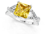 Princess Cut Yellow Sapphire Solitaire Ring in White gold with Interwoven Pavé Band and Prong Setting_1