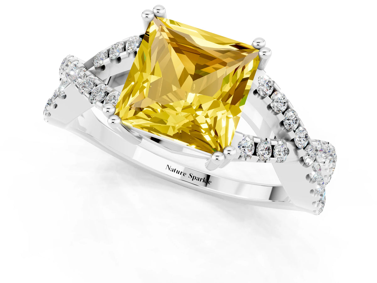 Princess Cut Yellow Sapphire Solitaire Ring in White gold with Interwoven Pavé Band and Prong Setting_1