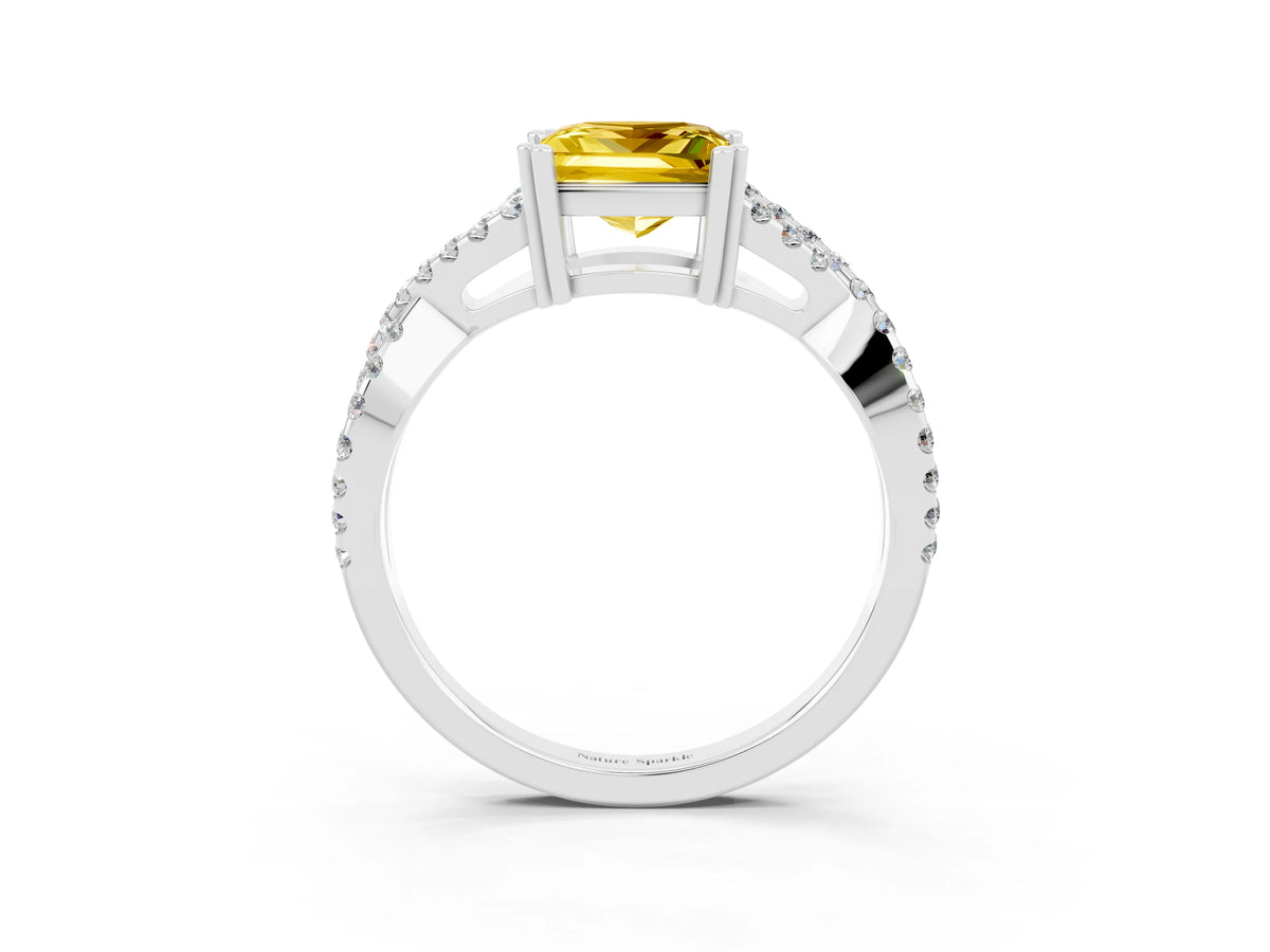 Princess Cut Yellow Sapphire Solitaire Ring in White gold with Interwoven Pavé Band and Prong Setting_3