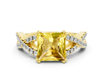 Princess Cut Yellow Sapphire Solitaire Ring in Yellow gold with Interwoven Pavé Band and Prong Setting