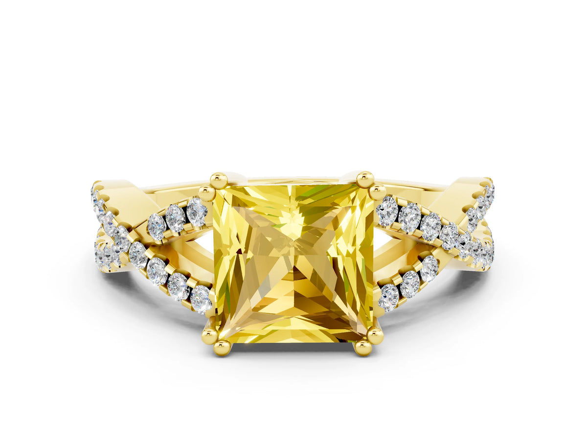 Princess Cut Yellow Sapphire Solitaire Ring in Yellow gold with Interwoven Pavé Band and Prong Setting