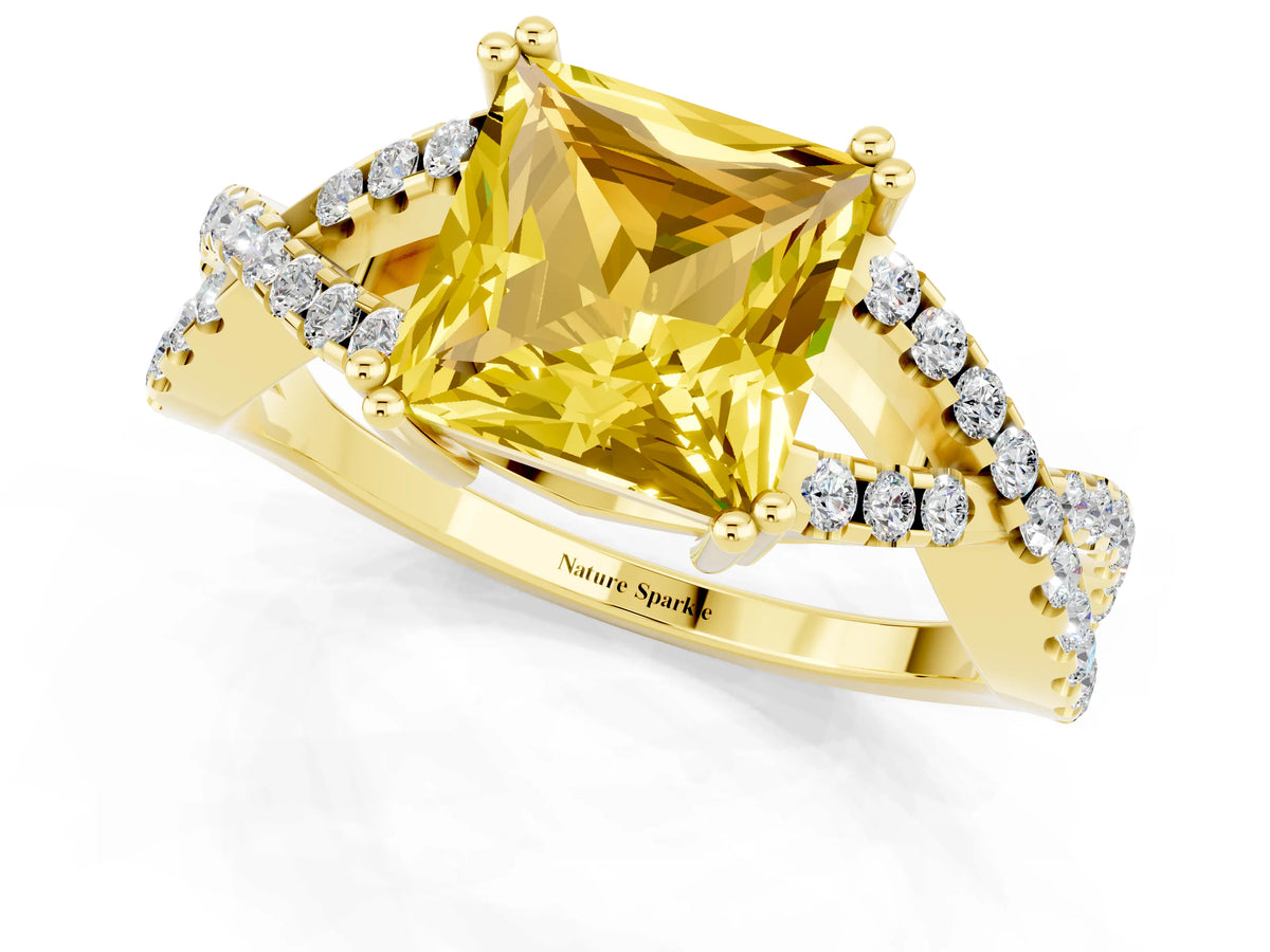 Princess Cut Yellow Sapphire Solitaire Ring in Yellow gold with Interwoven Pavé Band and Prong Setting_1
