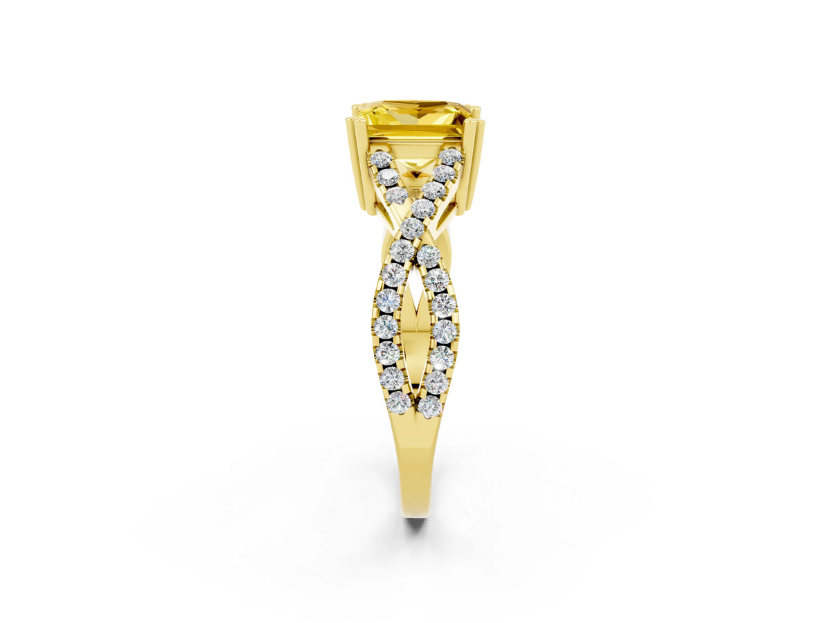 Princess Cut Yellow Sapphire Solitaire Ring in Yellow gold with Interwoven Pavé Band and Prong Setting_2