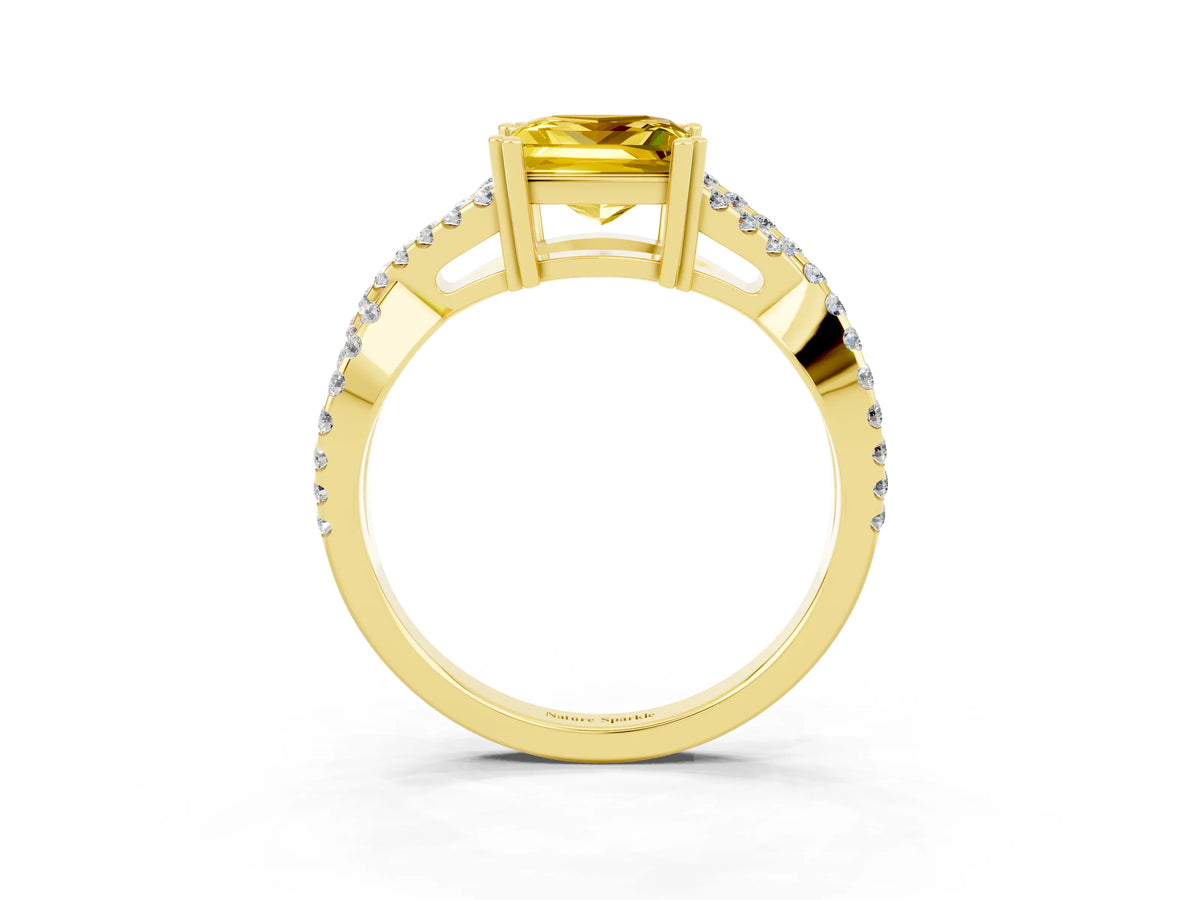 Princess Cut Yellow Sapphire Solitaire Ring in Yellow gold with Interwoven Pavé Band and Prong Setting_3