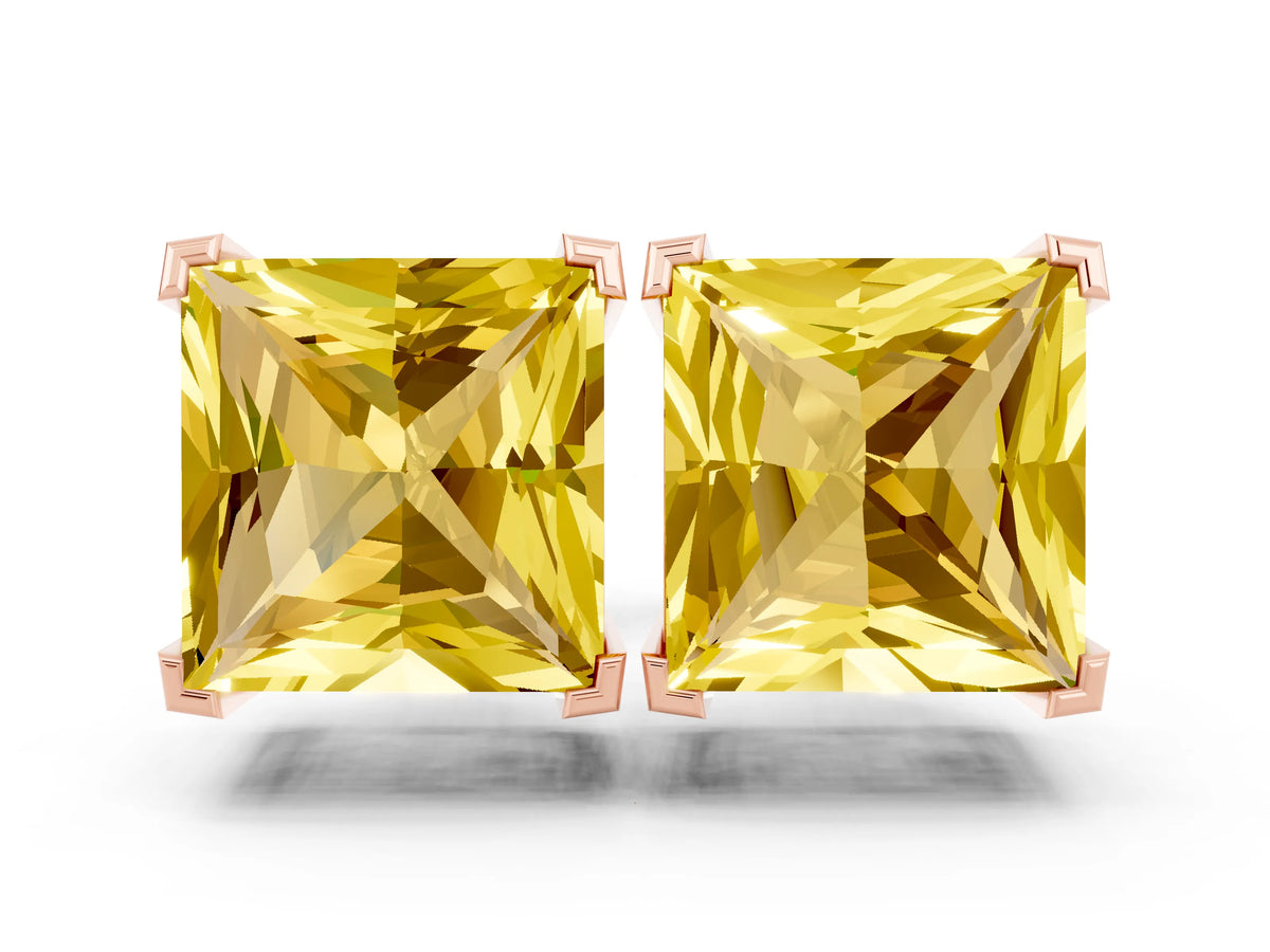 Princess Cut Yellow Sapphire Stud Earrings in Rose gold with Basket Setting