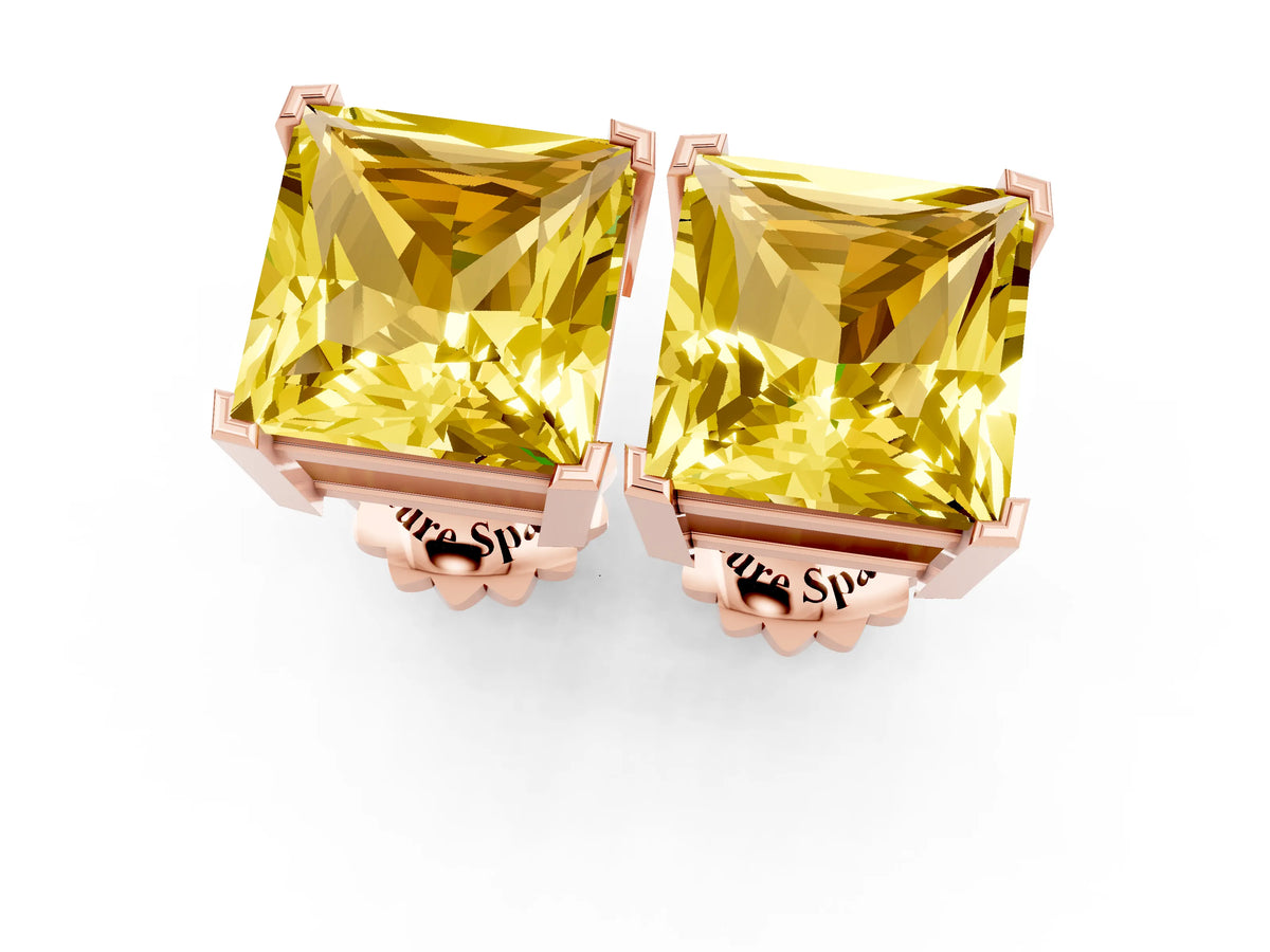 Princess Cut Yellow Sapphire Stud Earrings in Rose gold with Basket Setting_1