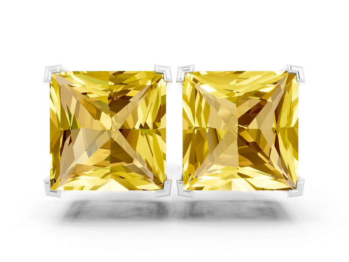 Princess Cut Yellow Sapphire Stud Earrings in White gold with Basket Setting