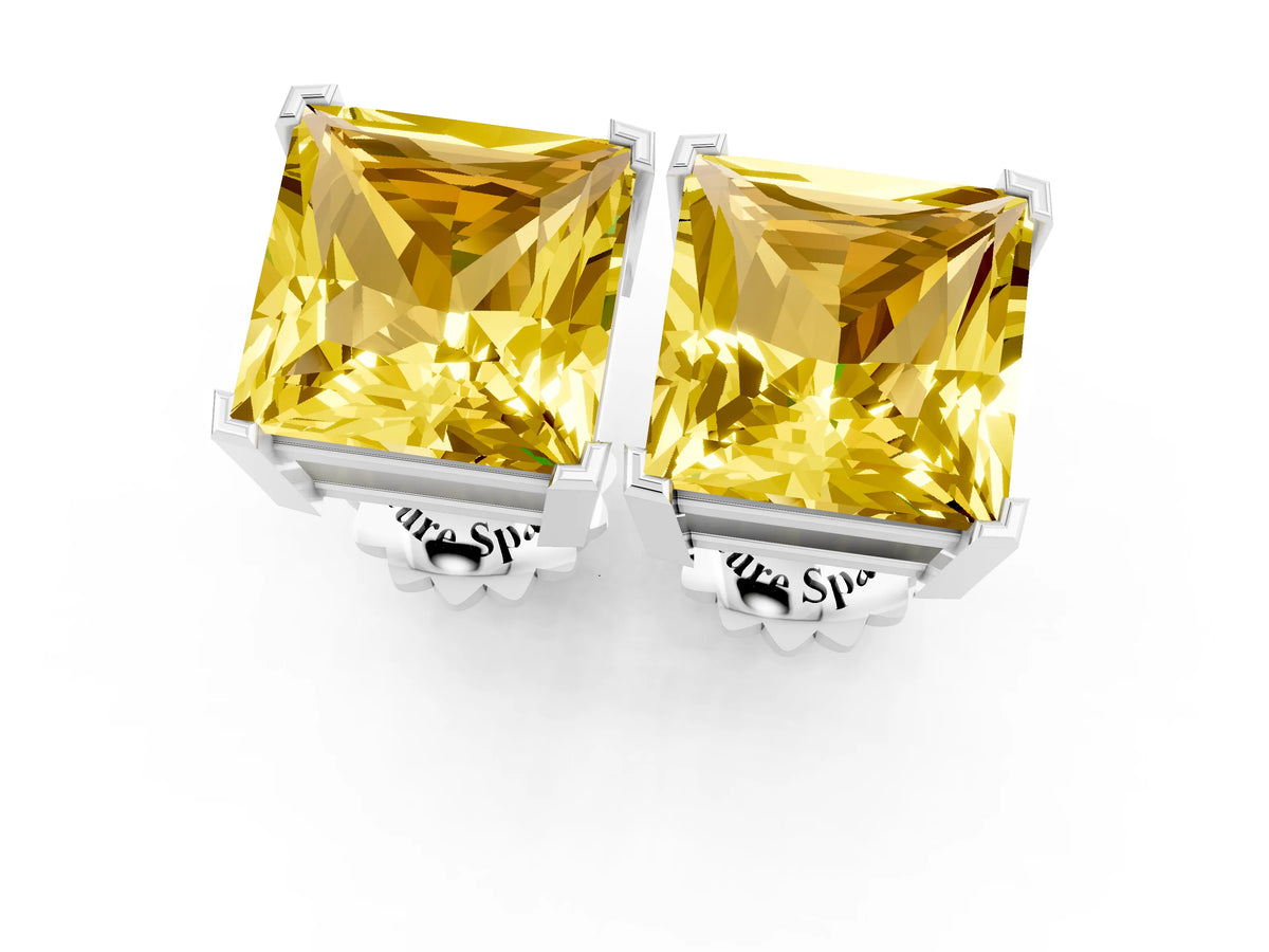 Princess Cut Yellow Sapphire Stud Earrings in White gold with Basket Setting_1