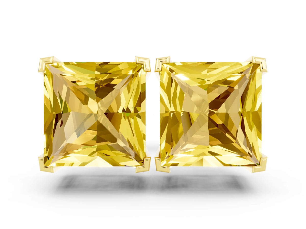 Princess Cut Yellow Sapphire Stud Earrings in Yellow gold with Basket Setting