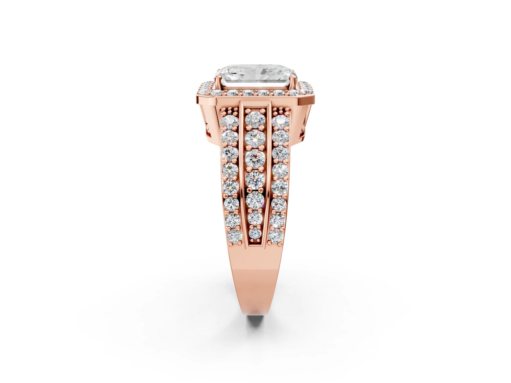 Radiant Cut Diamond Halo Engagement Ring in Rose gold with Triple-Row Round Band_20