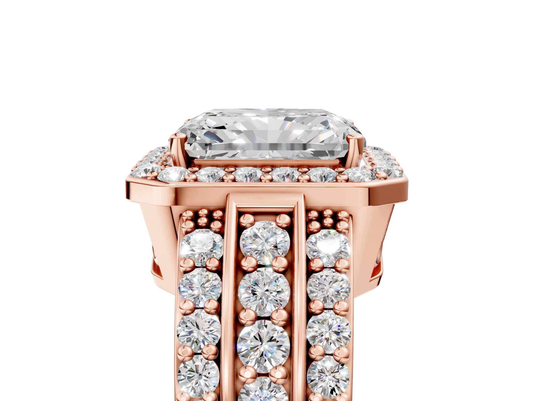 Radiant Cut Diamond Halo Engagement Ring in Rose gold with Triple-Row Round Band_23