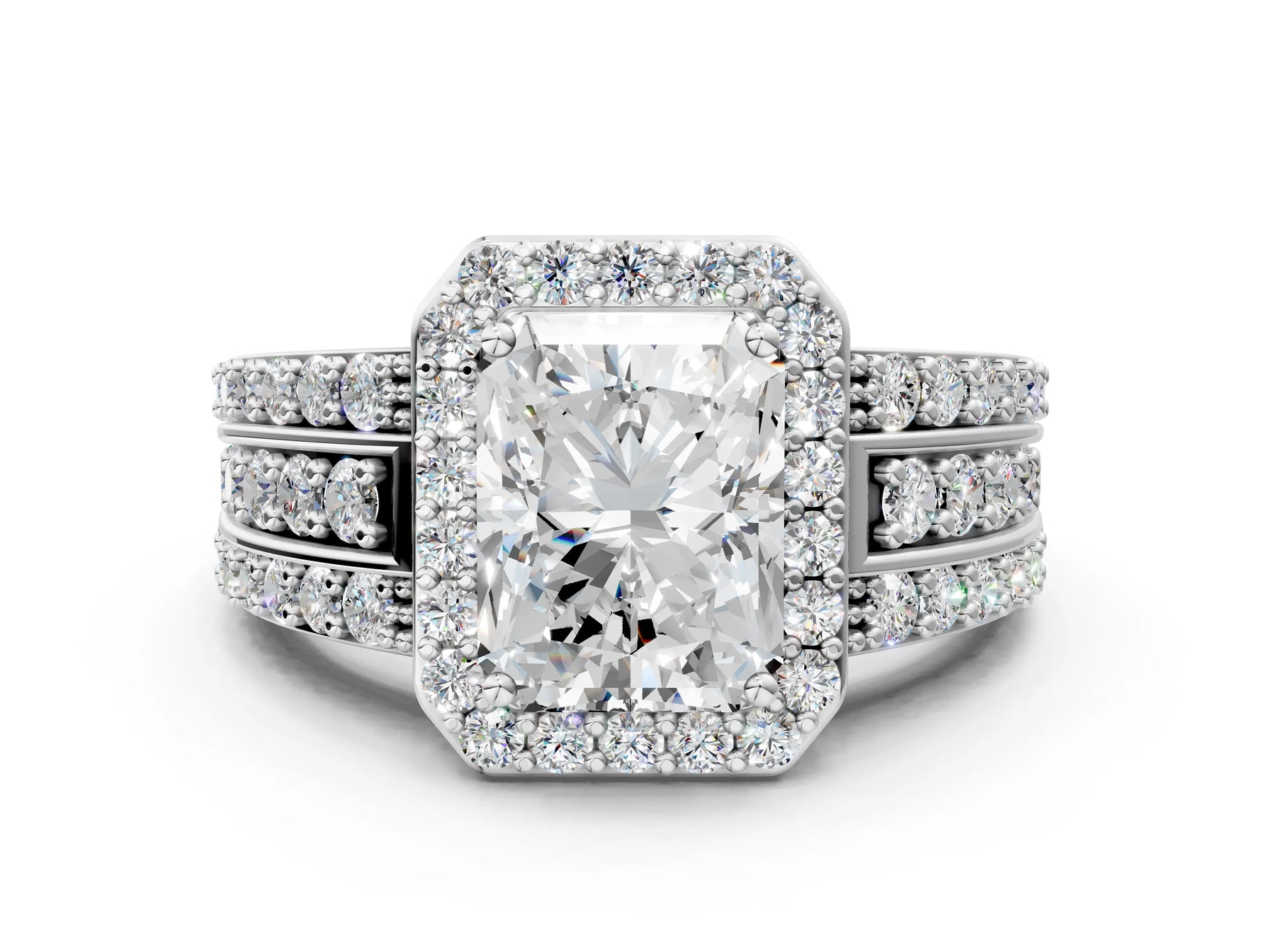 Radiant Cut Diamond Halo Engagement Ring in White gold with Triple-Row Round Band_18