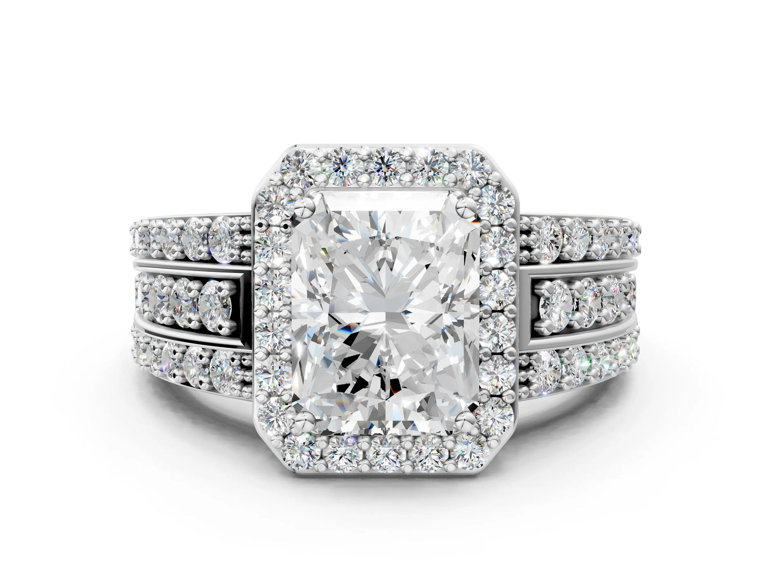Radiant Cut Diamond Halo Engagement Ring in White gold with Triple-Row Round Band_18