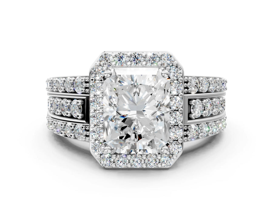 Radiant Cut Diamond Halo Engagement Ring in Silver with Triple-Row Round Band
