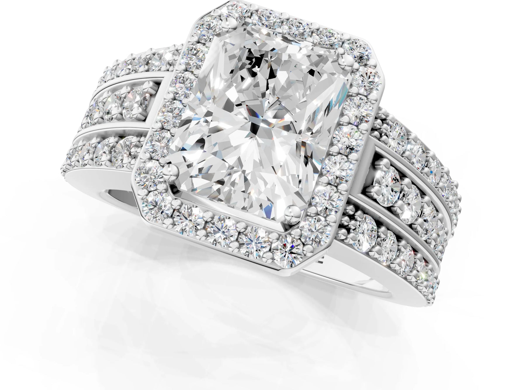 Radiant Cut Diamond Halo Engagement Ring in White gold with Triple-Row Round Band_19