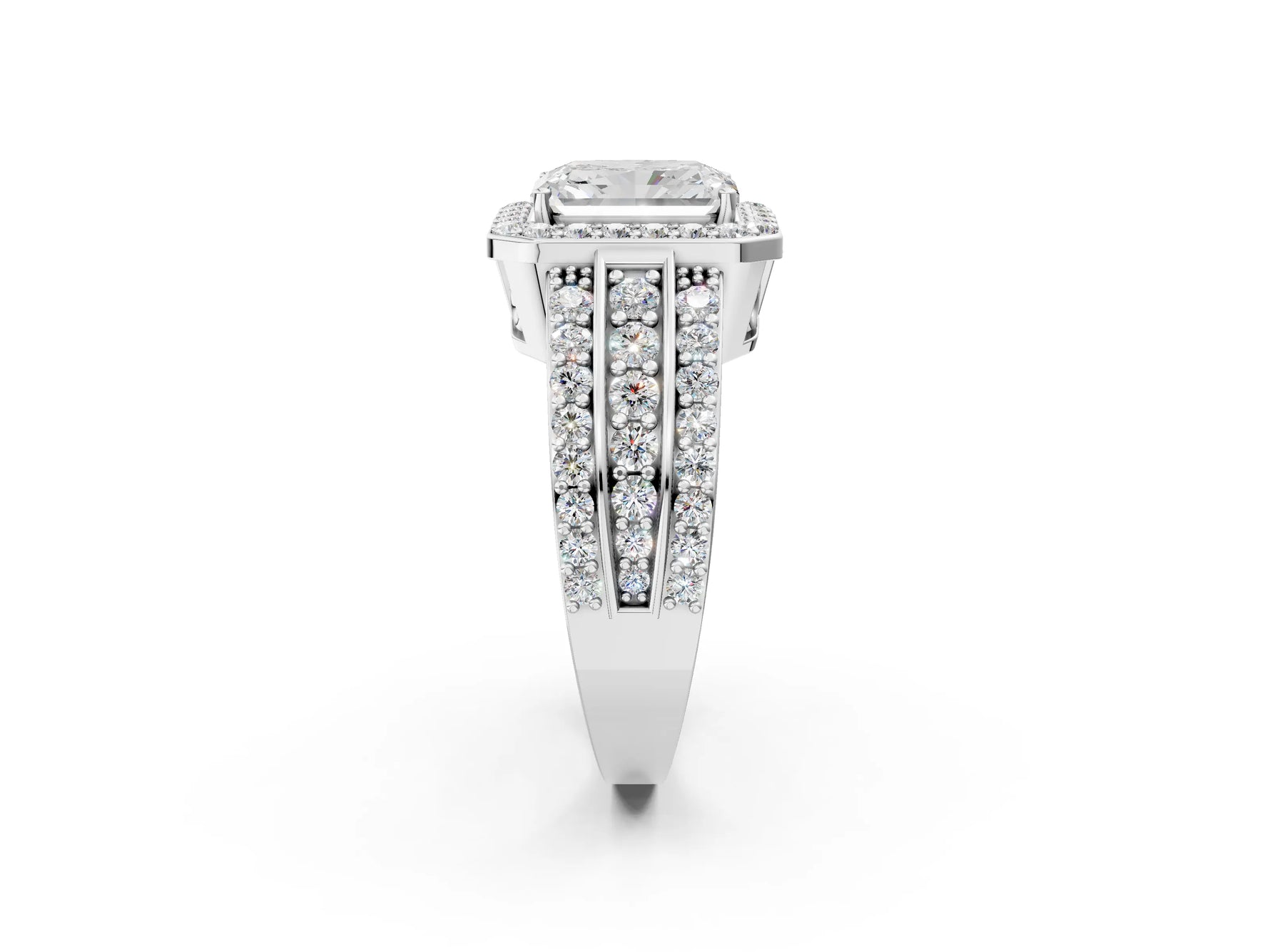 Radiant Cut Diamond Halo Engagement Ring in White gold with Triple-Row Round Band_20