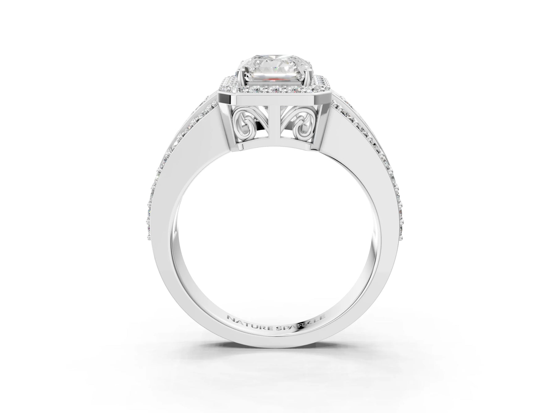 Radiant Cut Diamond Halo Engagement Ring in White gold with Triple-Row Round Band_21