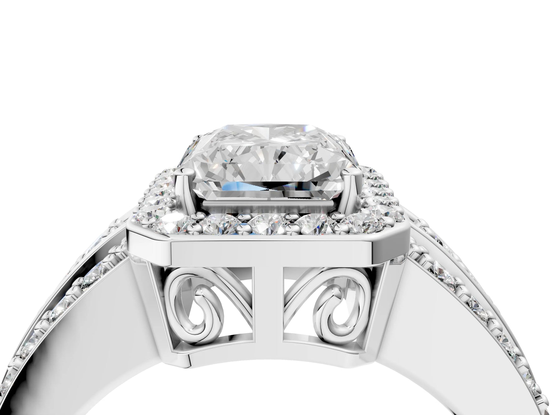 Radiant Cut Diamond Halo Engagement Ring in White gold with Triple-Row Round Band_22