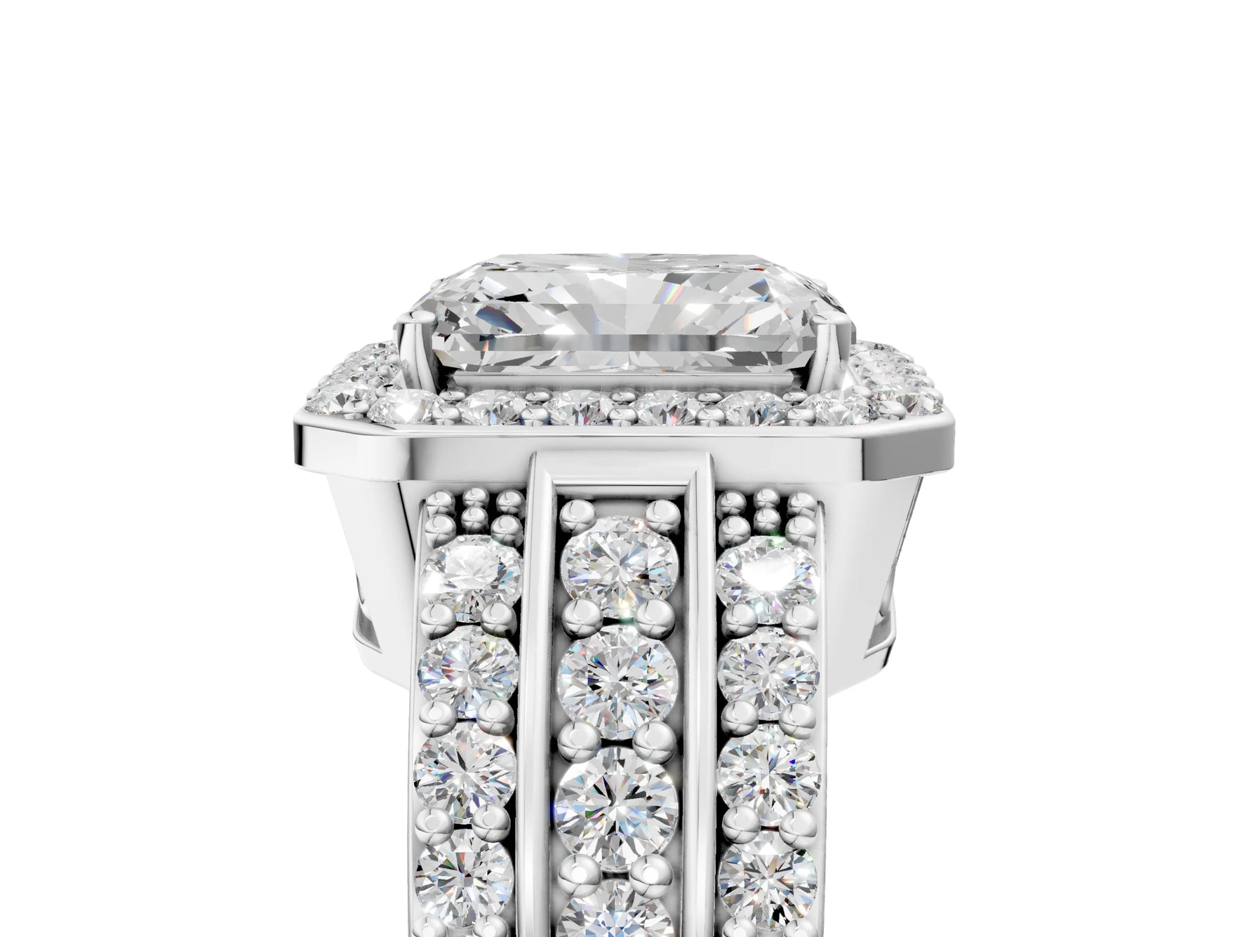 Radiant Cut Diamond Halo Engagement Ring in White gold with Triple-Row Round Band_23