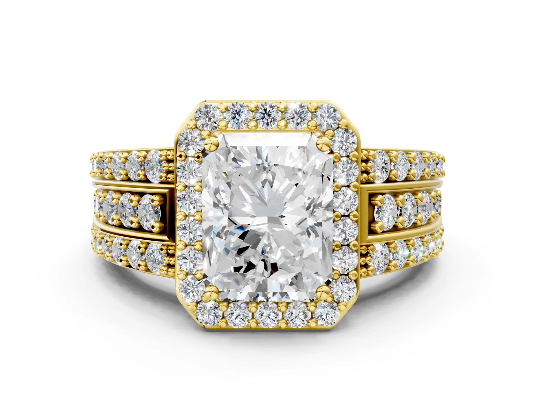 Radiant Cut Diamond Halo Engagement Ring in Yellow gold with Triple-Row Round Band_18