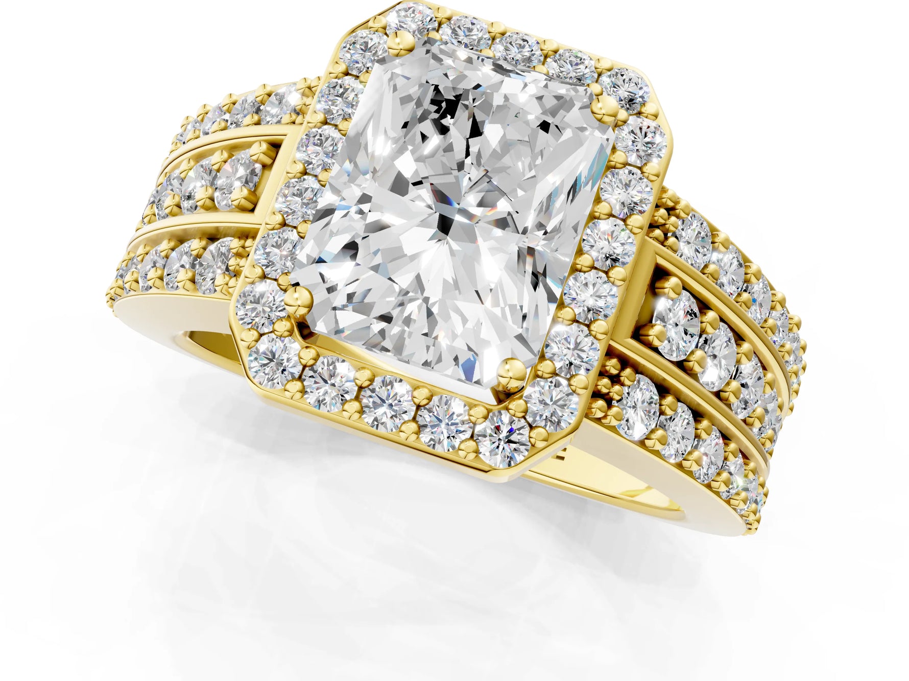 Radiant Cut Diamond Halo Engagement Ring in Yellow gold with Triple-Row Round Band_19