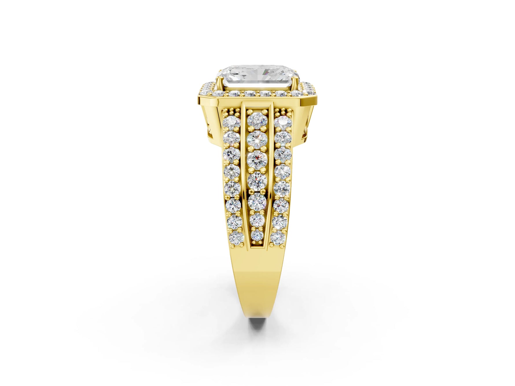 Radiant Cut Diamond Halo Engagement Ring in Yellow gold with Triple-Row Round Band_20