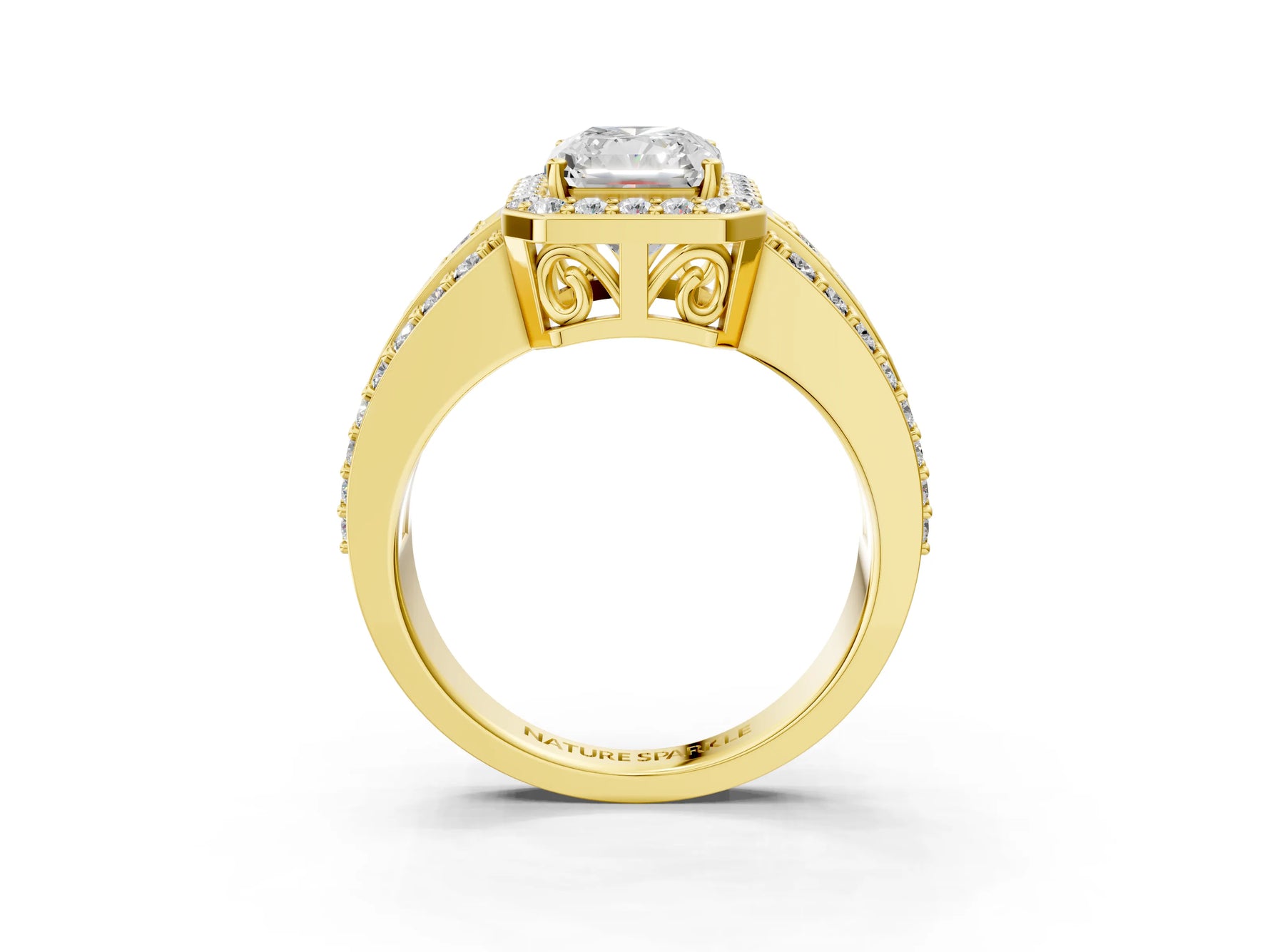 Radiant Cut Diamond Halo Engagement Ring in Yellow gold with Triple-Row Round Band_21