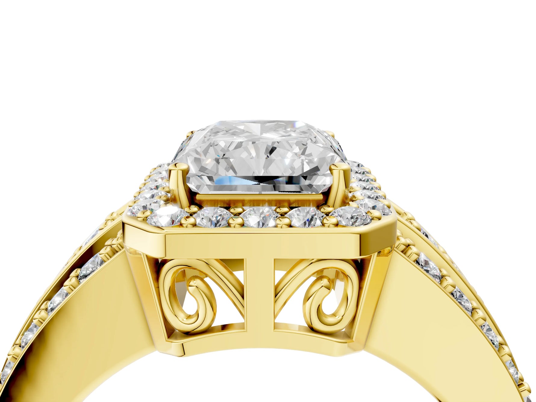 Radiant Cut Diamond Halo Engagement Ring in Yellow gold with Triple-Row Round Band_22