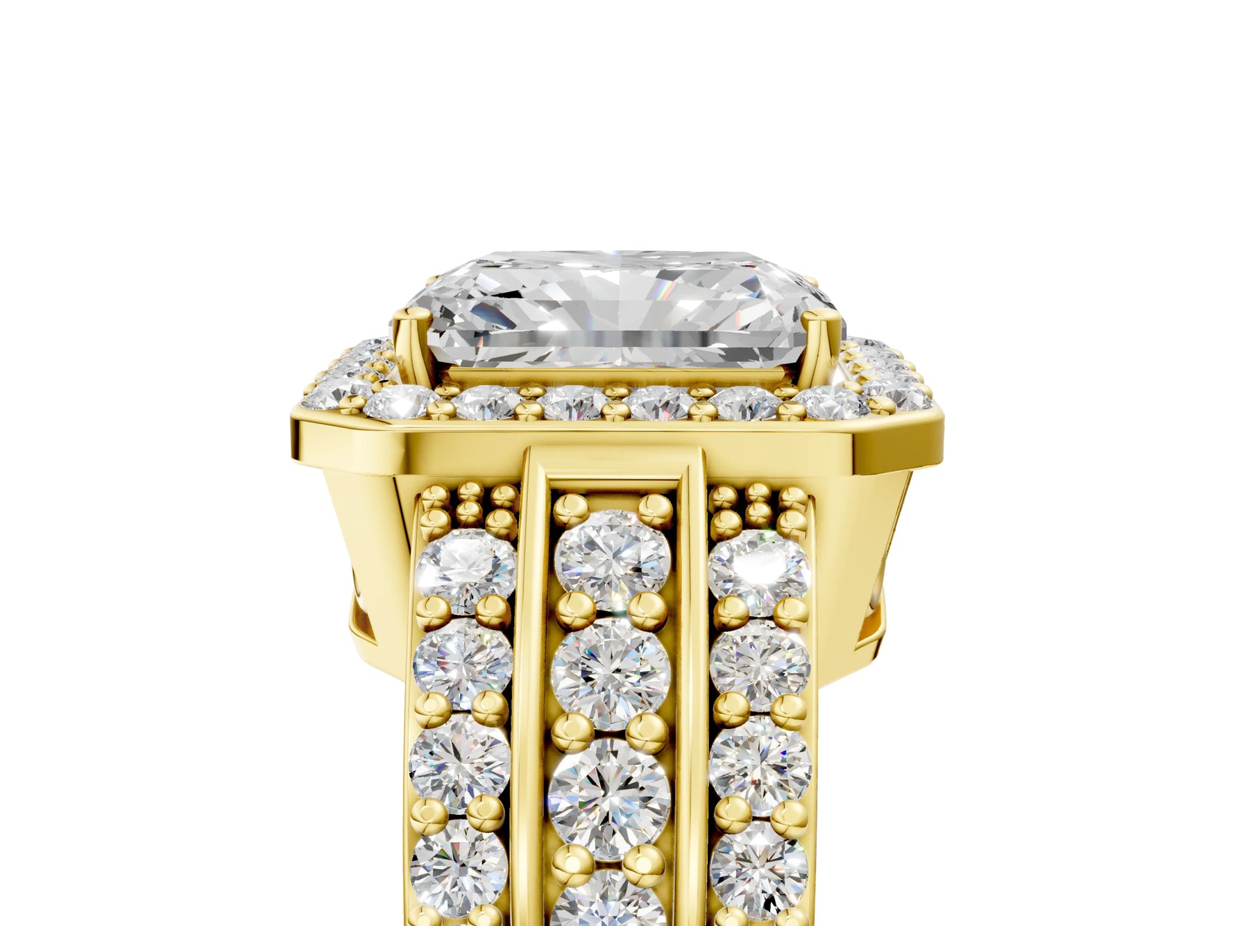 Radiant Cut Diamond Halo Engagement Ring in Yellow gold with Triple-Row Round Band_23