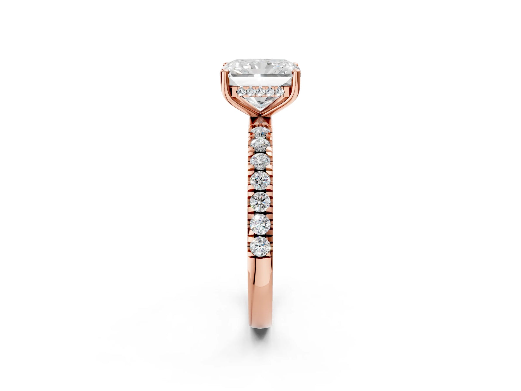Radiant Cut Diamond Hidden Halo Engagement Ring in Rose gold with Round Pavé Band_20