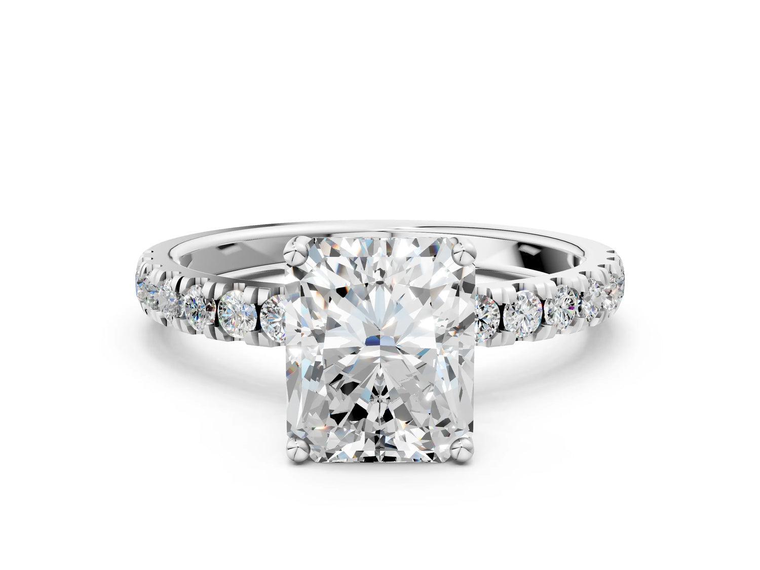 Radiant Cut Diamond Hidden Halo Engagement Ring in White gold with Round Pavé Band_18