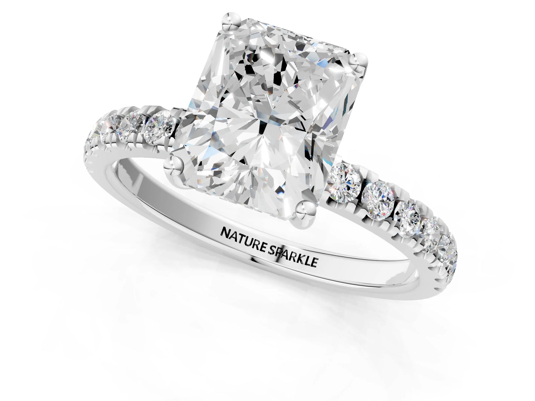 Radiant Cut Diamond Hidden Halo Engagement Ring in White gold with Round Pavé Band_19