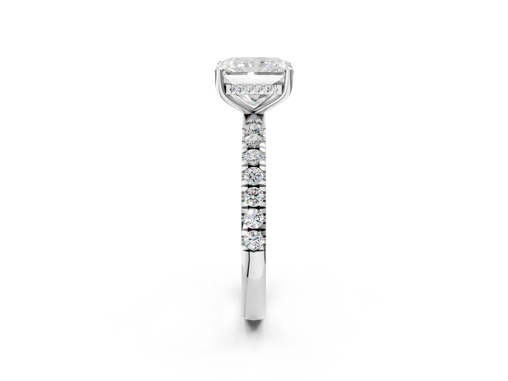 Radiant Cut Diamond Hidden Halo Engagement Ring in White gold with Round Pavé Band_20