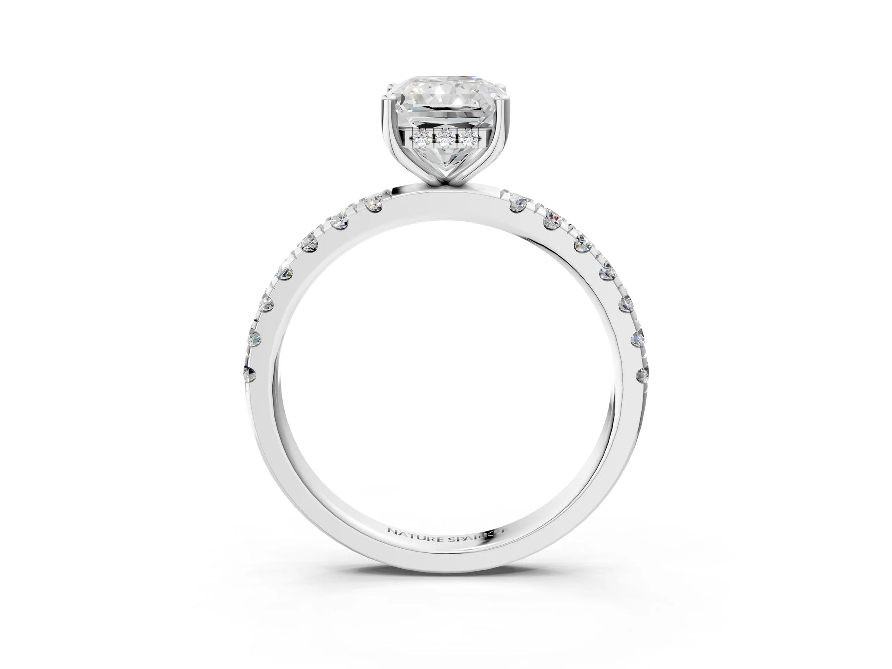 Radiant Cut Diamond Hidden Halo Engagement Ring in White gold with Round Pavé Band_21