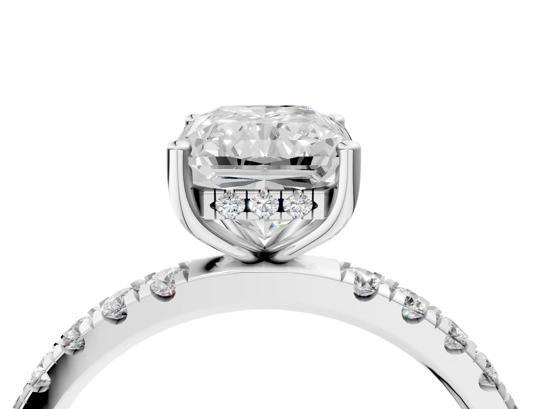 Radiant Cut Diamond Hidden Halo Engagement Ring in White gold with Round Pavé Band_22