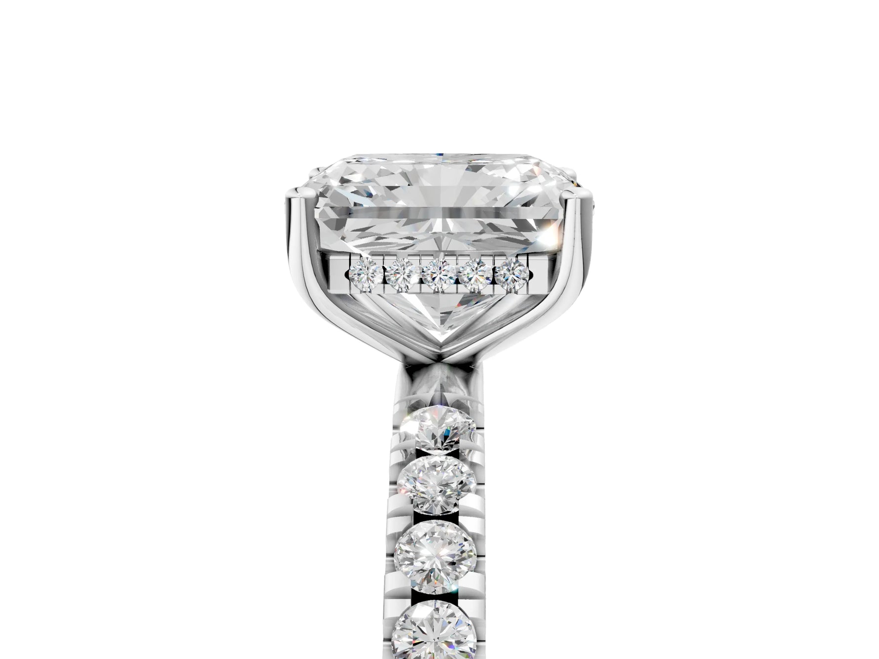 Radiant Cut Diamond Hidden Halo Engagement Ring in White gold with Round Pavé Band_23