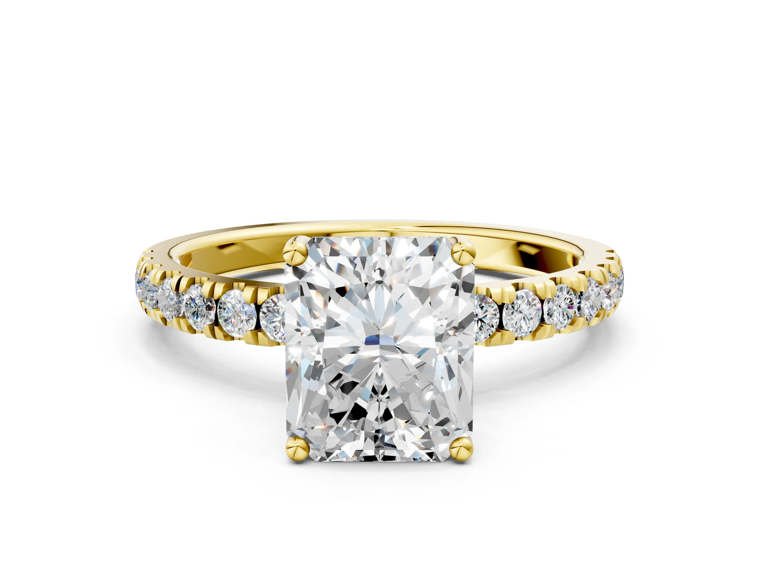 Radiant Cut Diamond Hidden Halo Engagement Ring in Yellow gold with Round Pavé Band_18