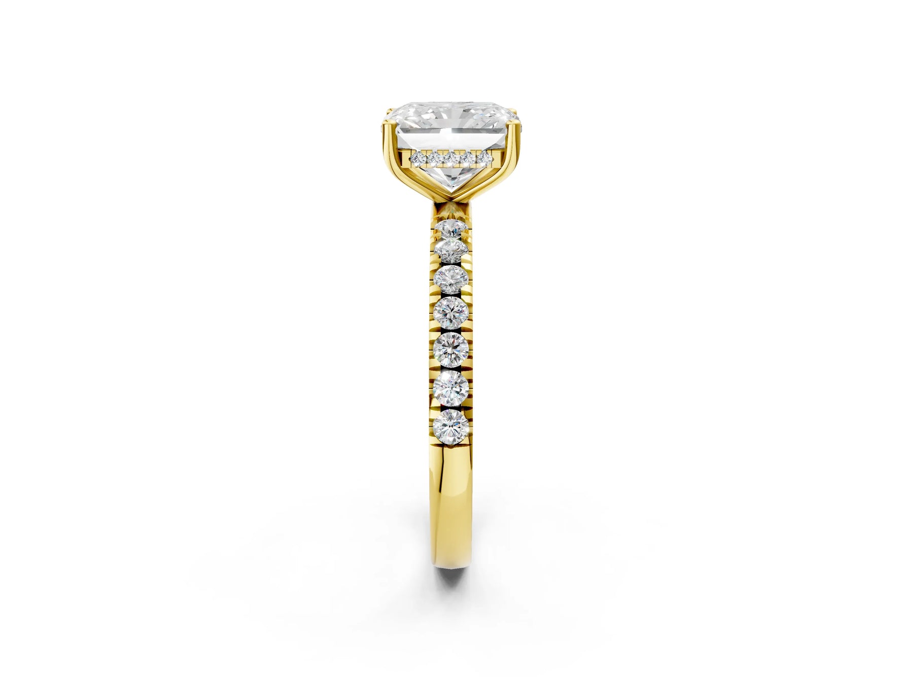 Radiant Cut Diamond Hidden Halo Engagement Ring in Yellow gold with Round Pavé Band_20