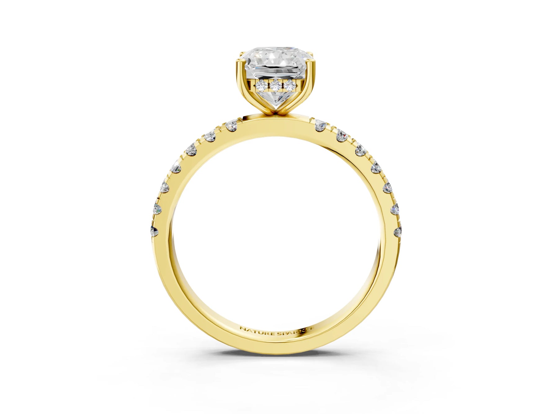 Radiant Cut Diamond Hidden Halo Engagement Ring in Yellow gold with Round Pavé Band_21