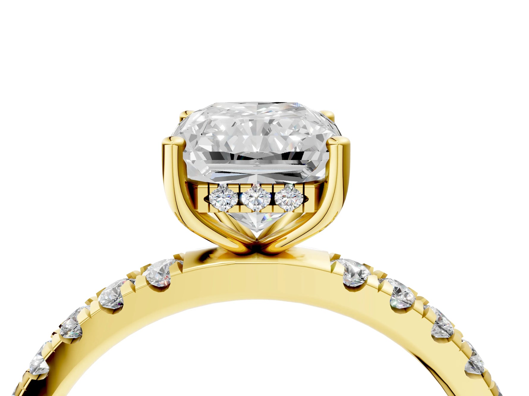 Radiant Cut Diamond Hidden Halo Engagement Ring in Yellow gold with Round Pavé Band_22