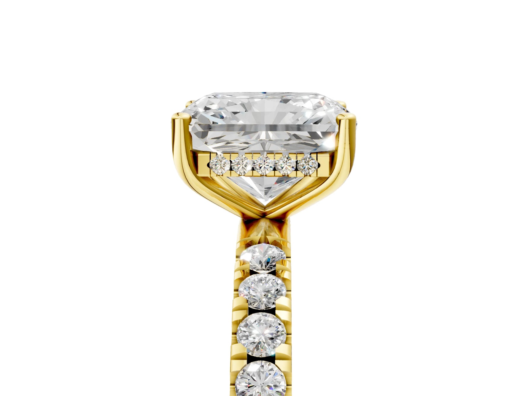 Radiant Cut Diamond Hidden Halo Engagement Ring in Yellow gold with Round Pavé Band_23