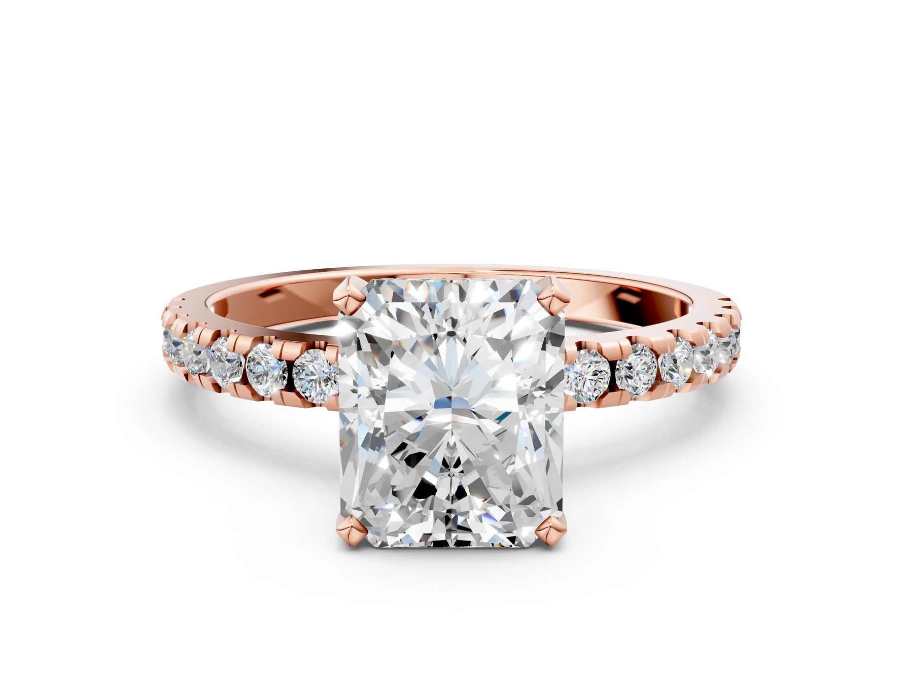 Radiant Cut Diamond Hidden Halo Solitaire Ring in Rose gold with Round Pavé Band and Prong Setting_36