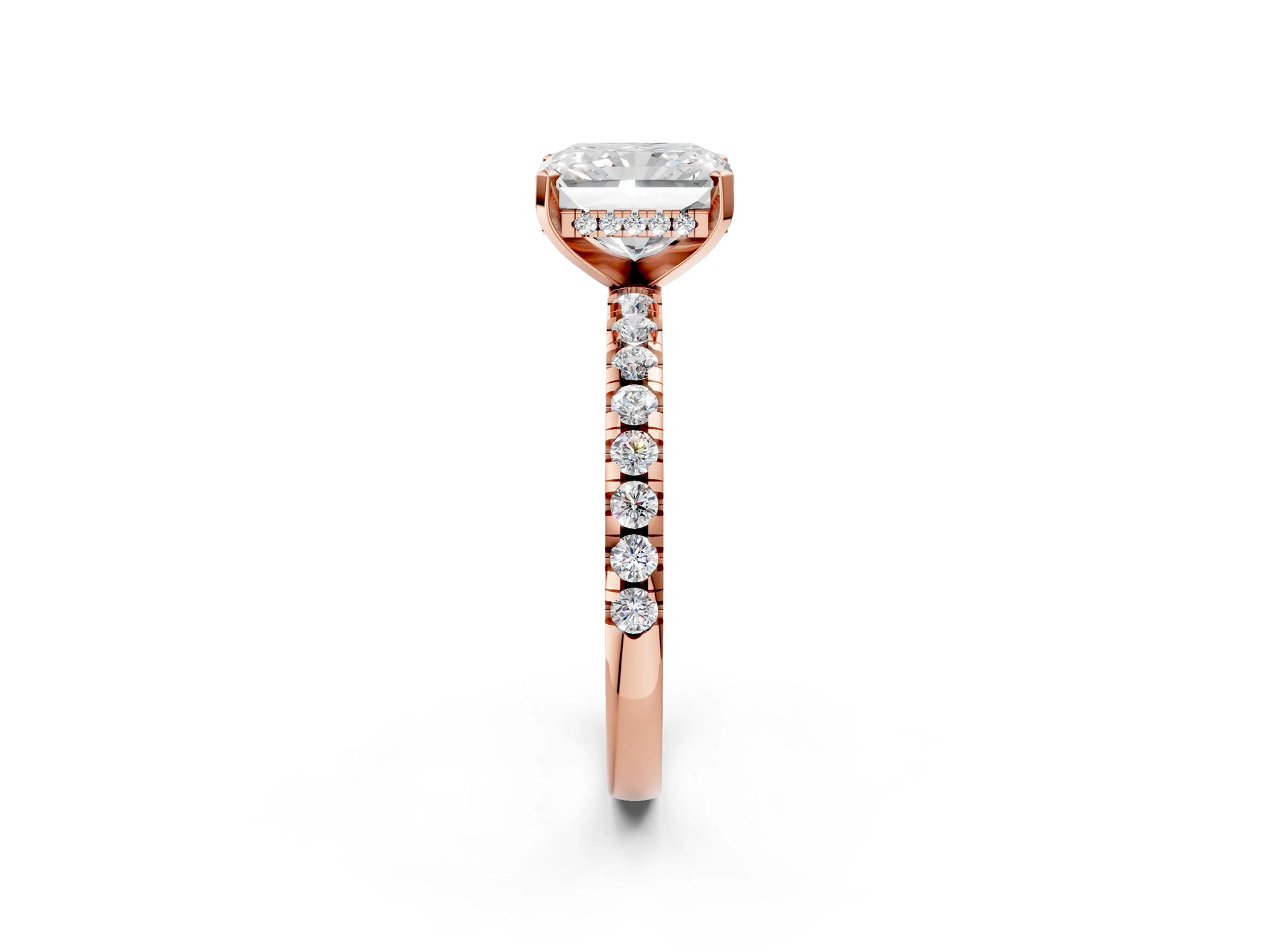Radiant Cut Diamond Hidden Halo Solitaire Ring in Rose gold with Round Pavé Band and Prong Setting_38
