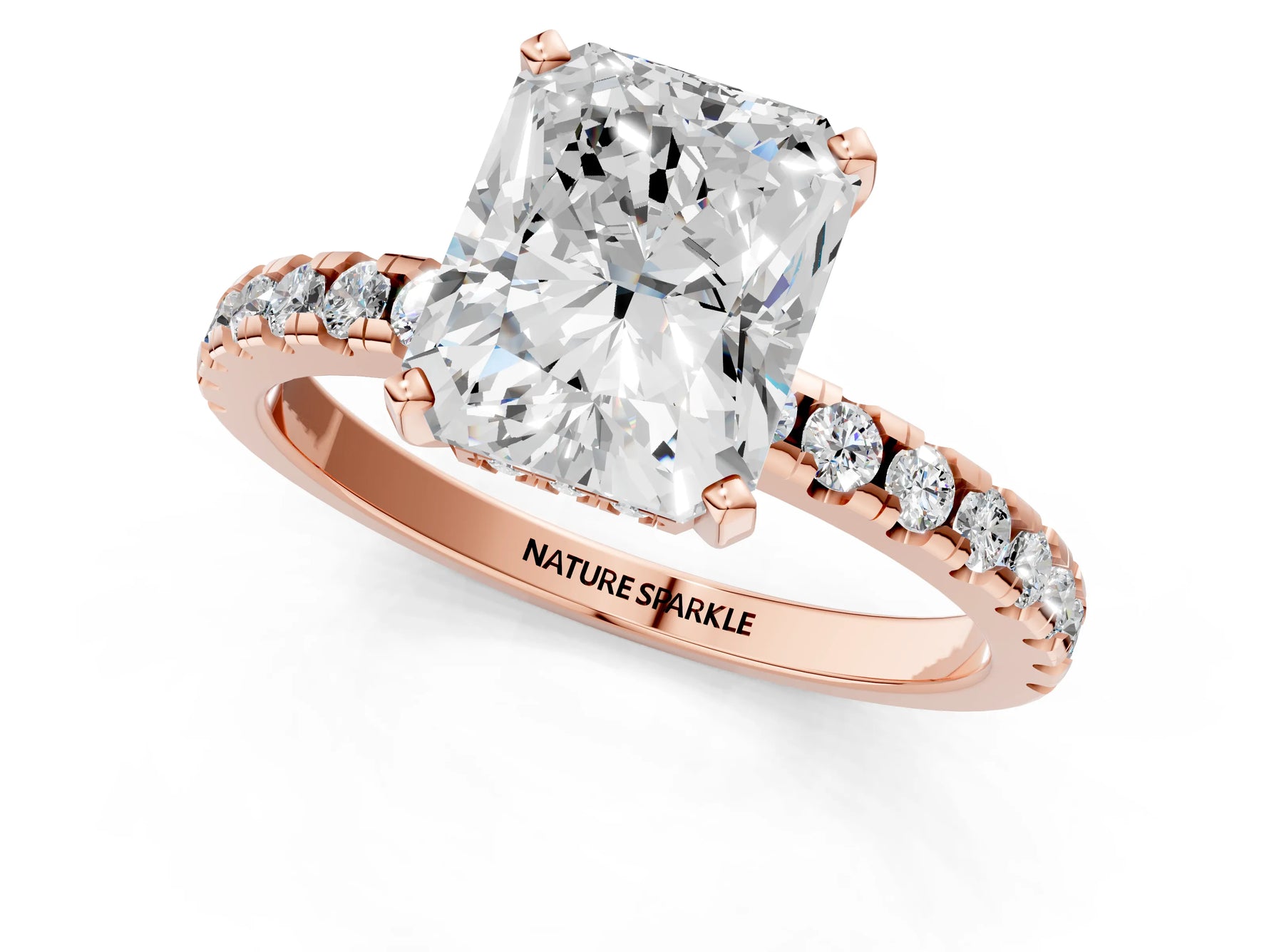 Radiant Cut Diamond Hidden Halo Solitaire Ring in Rose gold with Round Pavé Band and Prong Setting_61