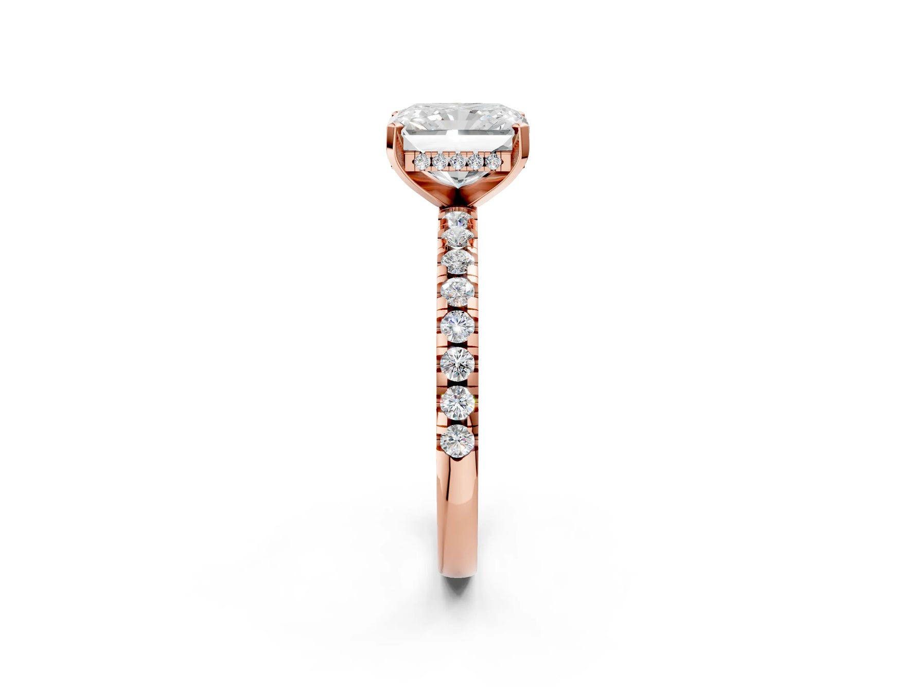 Radiant Cut Diamond Hidden Halo Solitaire Ring in Rose gold with Round Pavé Band and Prong Setting_62